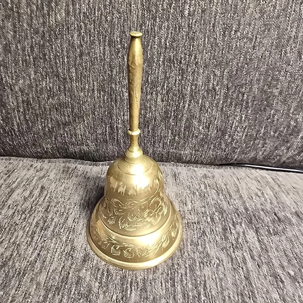 Vintage Solid Brass Hand Engraved Floral Bell 6 Inches Tall